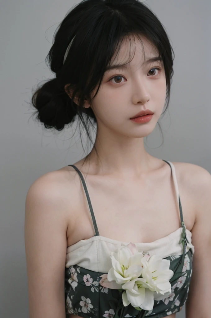 masterpiece,Best picture quality,Extreme details,Ultra-high resolution,Ultra-high definition,Beautiful young people,Glowing skin,thin,Black Hair,Half bun,1,big eyes,beautiful eyes,Lipstick,Exquisite facial features,Medium shot, Tube Top Suspenders,Single tone background,White background,Soft light,Sunlight,Wear flowers on your head