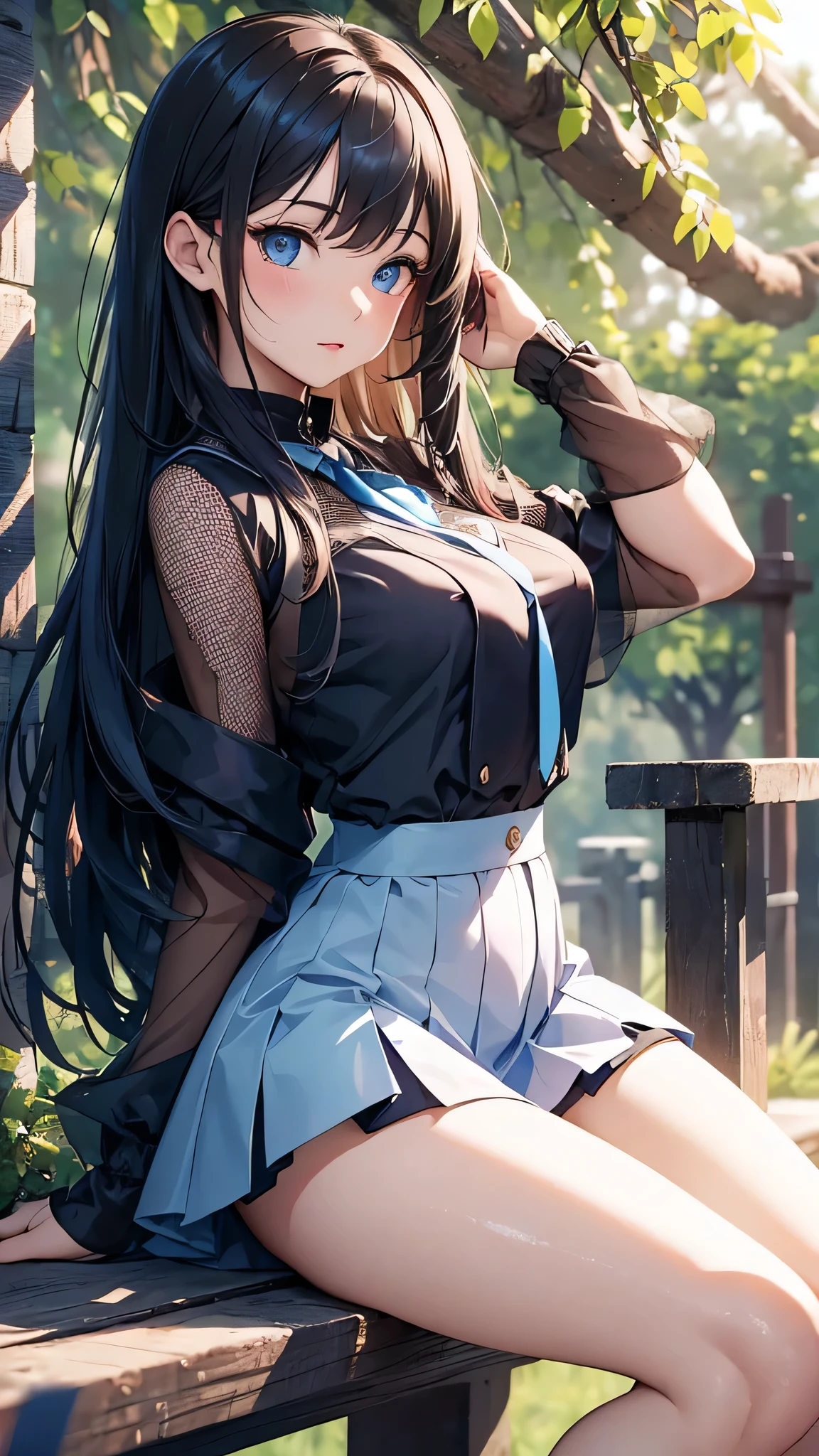 最high quality、Best image quality、masterpiece、With a girl((cute、20-year-old、Best Bust、Medium Bust、Bust 85,Beautiful Blue Eyes、Spread your chest wide,Long black hair、Slender、The best valley、、Blue Y-shirt、White short skirt,Show the whole body、Black perforated gloves,Blue Mesh))high quality、Beautiful art、background((School、School zone、Strong winds)),Tabletop、Exquisite design、Visual Arts、Depth of written boundary、Best lighting、Highest detail、8k