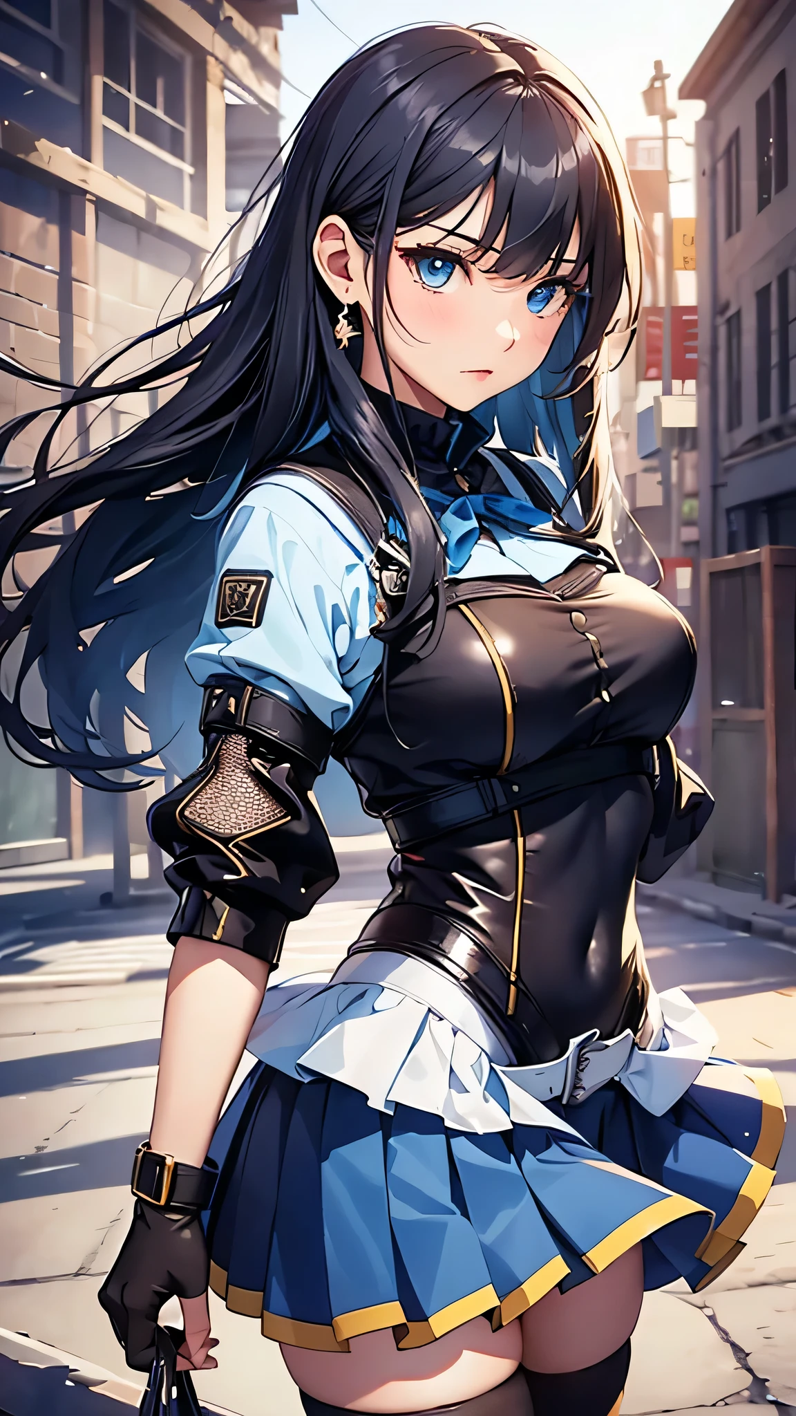 最high quality、Best image quality、masterpiece、With a girl((cute、20-year-old、Best Bust、Medium Bust、Bust 85,Beautiful Blue Eyes、Spread your chest wide,Long black hair、Slender、The best valley、、Blue Y-shirt、White short skirt,Show the whole body、Black perforated gloves,Blue Mesh)）high quality、Beautiful art、background((School、School zone、Strong winds)),Tabletop、Exquisite design、Visual Arts、Depth of written boundary、Best lighting、Highest detail、8ｋ