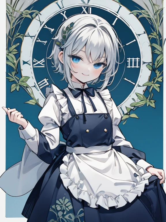 masterpiece, Highest quality, Very detailed, 16K, Ultra-high resolution, Cowboy Shot, Alice in Wonderland, (art nouveau:1.4), 10-year-old girl, Detailed face, (smile:1.5), blue eyes, Silver Hair, Braiding, Shortcuts, Side Tail, Ribbon on head, Blue clothes, Plain white apron, 大きなclockのある部屋で, clock, 壁clock, Music Box