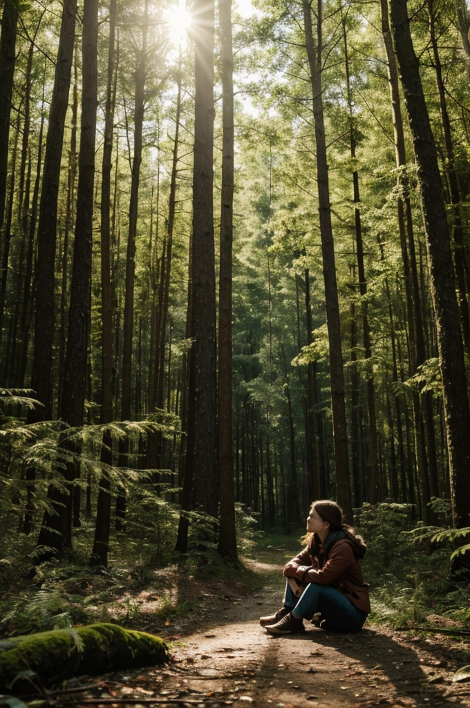 Women, 14 years, sitting on a forest stop in the middle of a forest, lonely place.