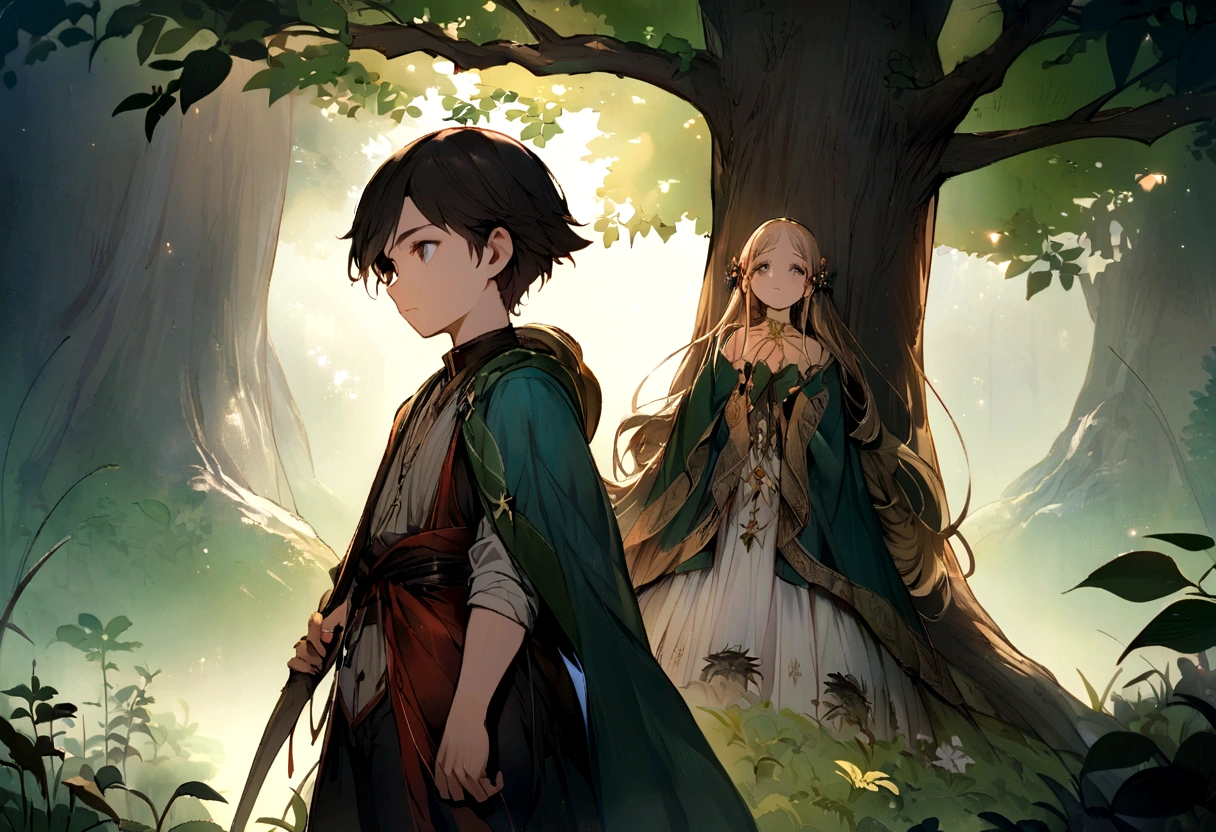 Game Cover,close up,A boy and a girl standing back to back under a tree
