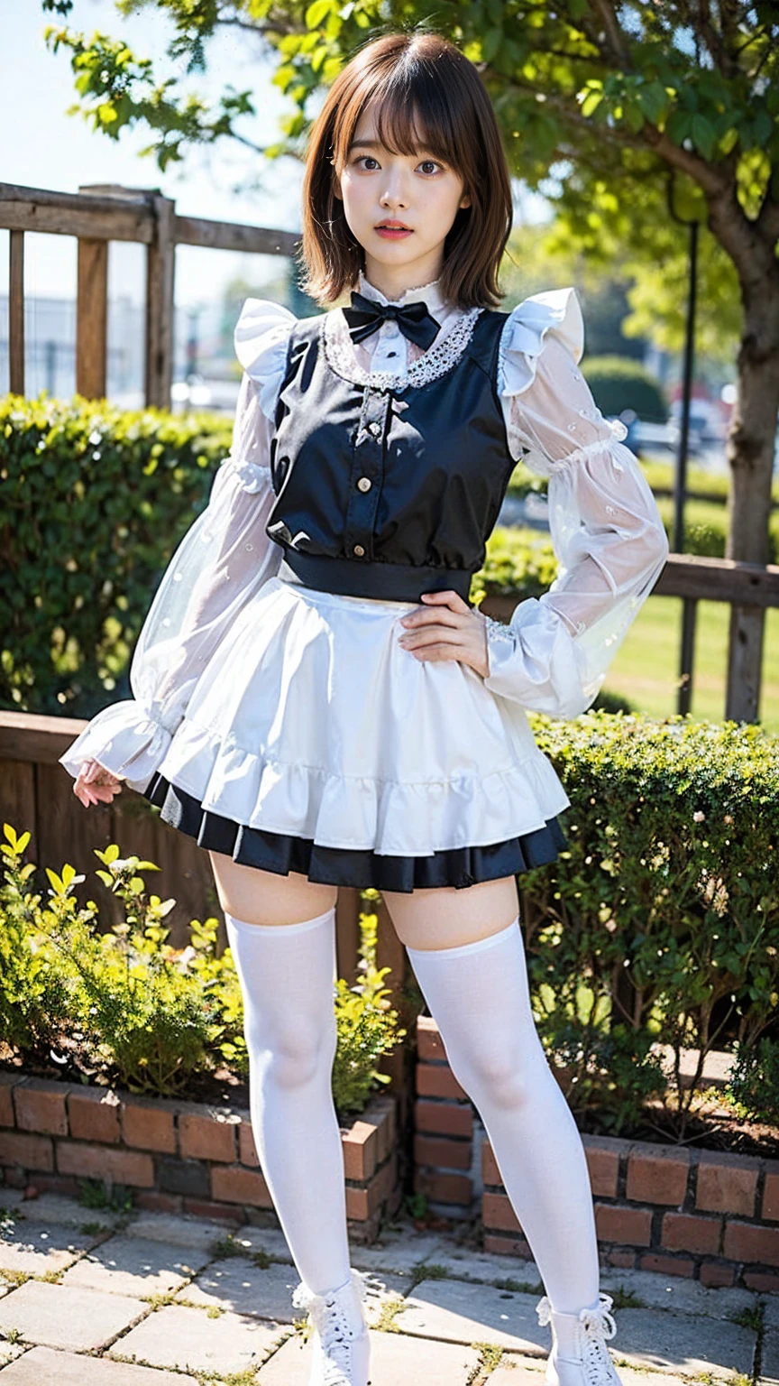 (8K、RAW Photos、Highest quality、masterpiece:1.2)、(Realistic、Realistic)、1 Girl、((white and black mini skirt、one piece、Frills、Angry face、Medium Hair、Pretty Cure Costume、See-through、tights、boots、chest emphasis、whole body、garden、View from the front、Looking into the camera、Stand with your hands on your ))、