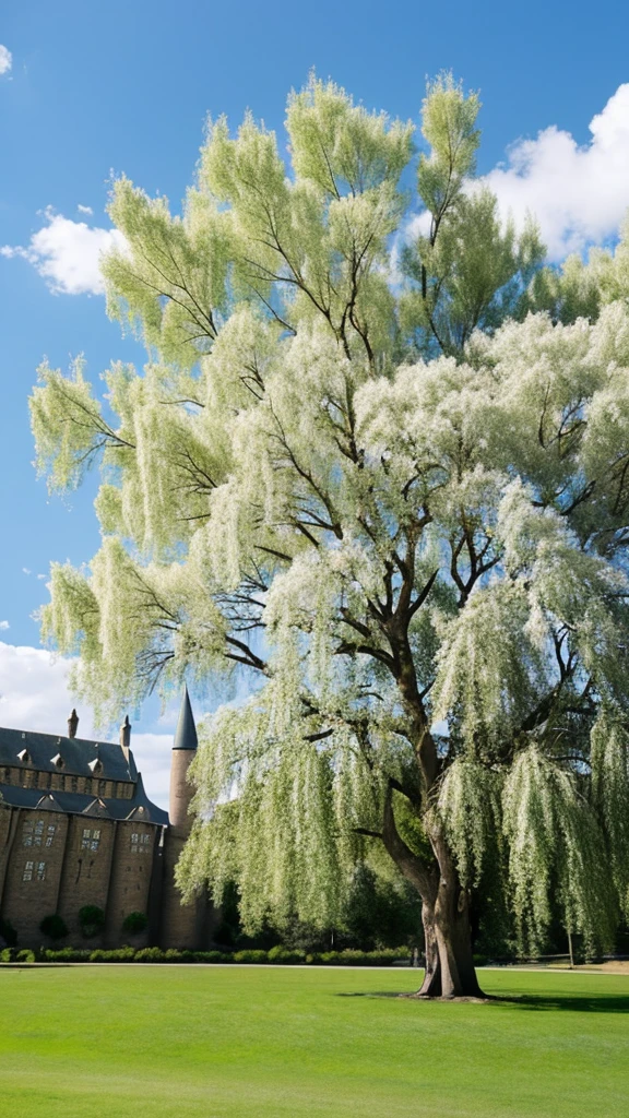 A large willow tree next to the white of Hogwarts