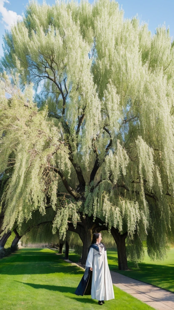A large willow tree next to the white of Hogwarts