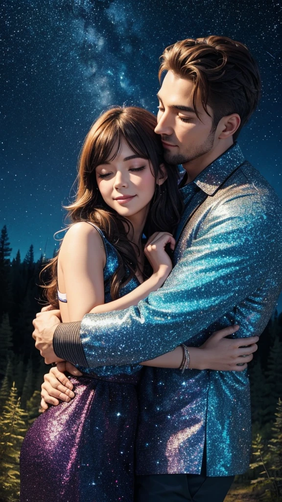 colorful forest, Sky with Stars,Glitter, a man and a Woman hugging