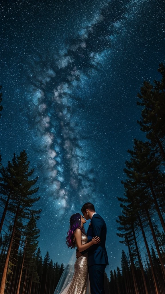 colorful forest, Sky with Stars,Glitter, a man and a Woman hugging