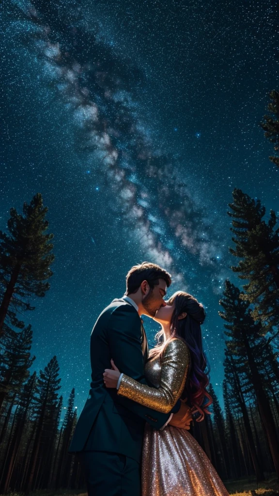 colorful forest, Sky with Stars,Glitter, a man and a Woman hugging