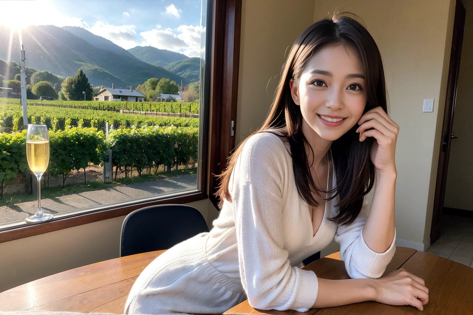 ((Highest quality、8K、masterpiece:1.3))、1 male、1 woman who resembles Satomi Ishihara、Couple、spouse、Couple、The body is slim、((Bob Hale、Straight hair:1.2)), (Realistic, Intricate details:1.2), テーブルの上のwine glass、Put the light on your face、 Amazing view of the sunset sky and clouds、Amazing mountain views、A bright smile、The wonderfulness of smile、Bright image、The beauty of wine, Beautiful Face, blue eyes, The light shines on your face, Blushing, short hair,Bright Face、42 years old), 39 years old, red wine 、Appetizers、Italian food、Wine bottle、Champagne、sparkling wine、Two beauties、Brown Hair、Shortcuts、Long sleeve shirt、dress、Beautiful woman 1, (slimな顔), (The body is slim), (Brown Hair), (Shortcuts), cheeks turn a little red,Attractive beauty、restaurant, In a prominent place (From the waist up) Nova Frog Style, actress, model, Upper Body, White wine, slim, wine glass, 中央に置かれたwine glass, smile, (smile: 1.15), Beautiful fine grain, Depth f/2,saturation, High Contrast, Strong light and shadow,Moist Body:1.5、3D texture、Delicate eyes、Brown Hair、The hair is very shiny、