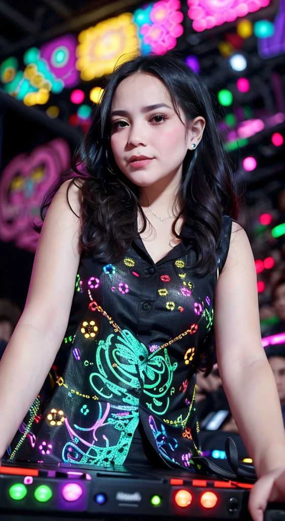 A GIRL playing DJ music with a serious but relaxed face, surrounded by colorful, swirling lights. His fingers expertly move over the glowing DJ equipment, which is covered in buttons and knobs. The background is a dark, crowded club with people dancing, their silhouettes illuminated by the vibrant lights.
