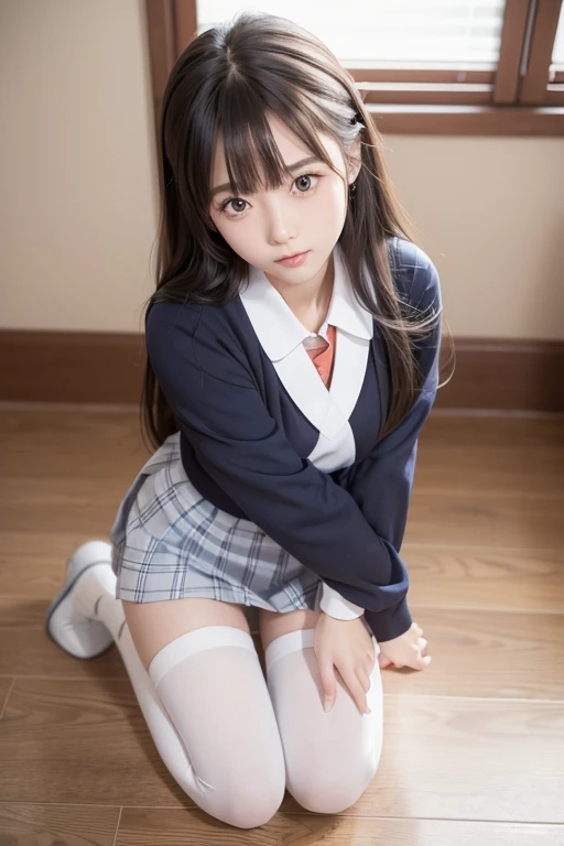 high school girl：Do the splits、sit、Do not touch your right knee to your right knee、Place your hands on your knees、Micro-mini skirt, 紺色のhigh school girlの制服、正面に向いてsit、looking to the viewer,
Place your feet inside the loop, Quite embarrassing, White pants, Thin legs, Bend your knees to 90 degrees, Place your buttocks and heels on the ground, Hands in front of feet, 
Hug my feet, Western-style bedroom、RAW Photos, 8K, Highest quality, Ultra-high resolution, Beautiful face details, Real human skin, Gentle expression, Front view, 
Angle from below, Long Hair, Realistic, photoRealistic, Cute school girl, Japanese Uniform, Wearing Japanese clothes , シュールなhigh school girl, whole body,