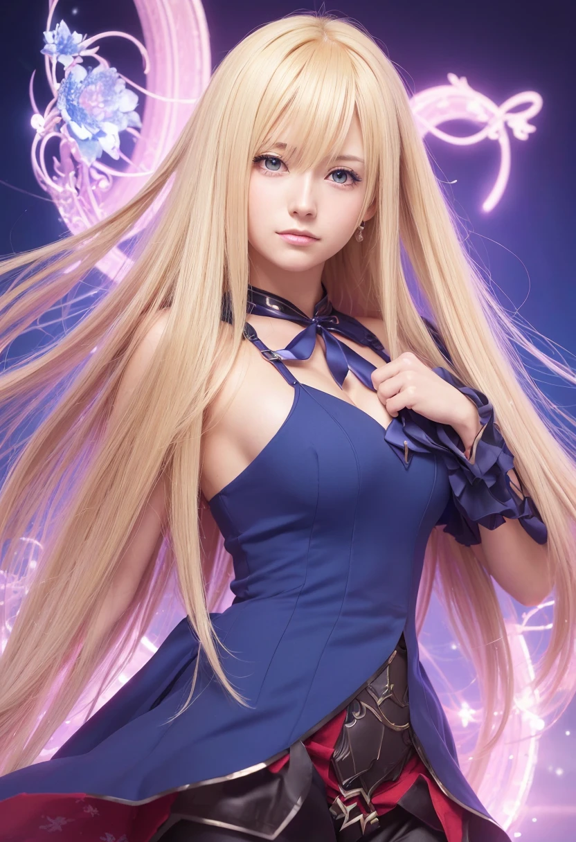 (8k, RAW photo, best quality, masterpiece:1.2), (realistic, photo-realistic:1.4), (extremely detailed 8k wallpaper), girl in blue dress with blonde hair and red tie, pixiv, rasquache, artoria pendragon, blonde anime girl with long hair, marisa kirisame, marin kitagawa fanart, anime moe artstyle, waifu, sh, anime style like fate/stay night, official artwork, anime best girl