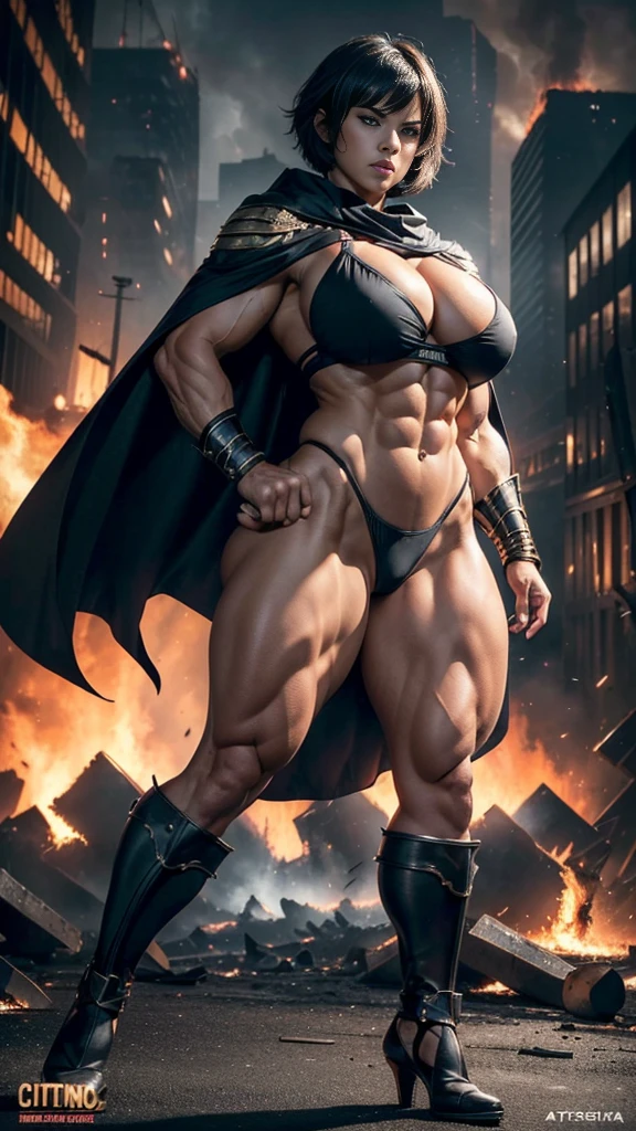 (Busty muscular brute cute Astria, huge strong biceps volume, huge firm breasts volume, enormous tits volume, strong tonned exposed abs, muscular strong legs, bodybuilder muscles bursting in strength, exposed abs skin, city destruction fire background, tight grey suit covering full body, black panties and cape, short black haircut