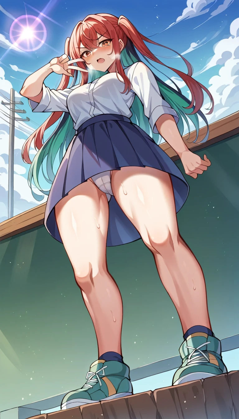 Masterpiece、最high quality、high quality、High definition、High resolution、High detail、Lens flare、Ray Tracing、high qualityのテクスチャー、high qualityの影、Beautiful details、Detailed explanation、Detailed texture、Realistic facial expression、Realistic and colorful、Slender、Cinematic Light、Side light、Sharp Focus、(1 Girl:1.3)、(Intricate details、Makeup、Pure Eros Face_v1:0.5)、(Details Beautiful delicate face、Detailed beautiful delicate eyes、Perfect Facial Proportions、Detailed skin、Charm)、Frustrated expression、Fancy Twin Tails、Beautiful bangs、(Two-tone gradient hair color)、slender、(Upturned beautiful breasts)、(Detailed crotch、Open crotch、Showing off your crotch)、Female juice、Experiencing orgasm、Sexual torture in progress、(Spread your knees and open your legs)、(Raise your arm and make a peace sign)、white open front dress shirt、Crop top、V-Cut、White Thong、Thighs、mini skirt、Flip up、High slit、Navy blue socks、sneakers、Low-angle composition、(Take a deep breath、Work on this image step by step)