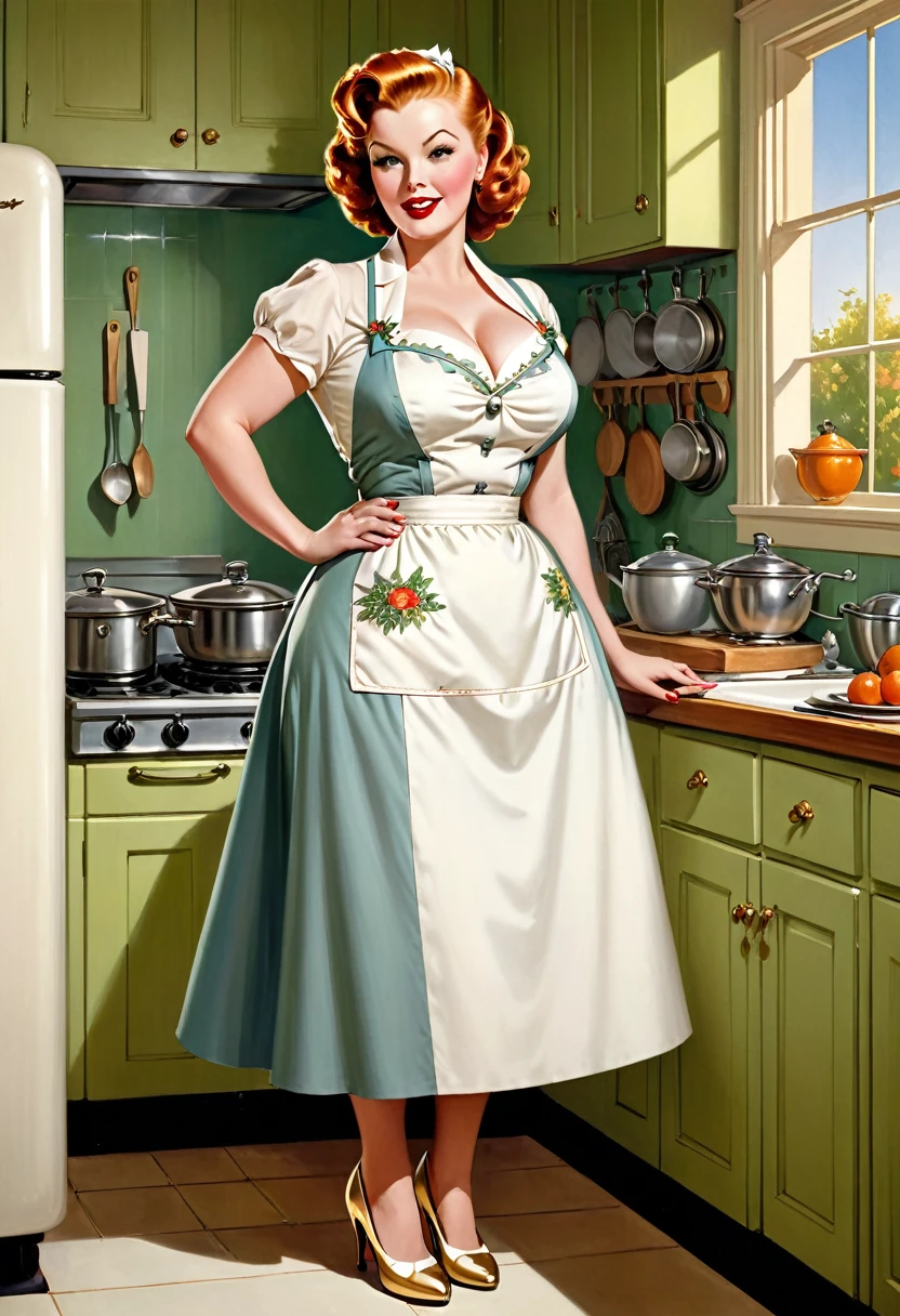 Full body shot of beautiful Blondie Bumstead with a curvy tall body and large breasts. Medium length curly blonde hair in an updo style. Wearing a skimpy 1960s style dress with a waist apron. Shirt is low-cut and skirt is very short. High heel shoes. In her house doing various chores