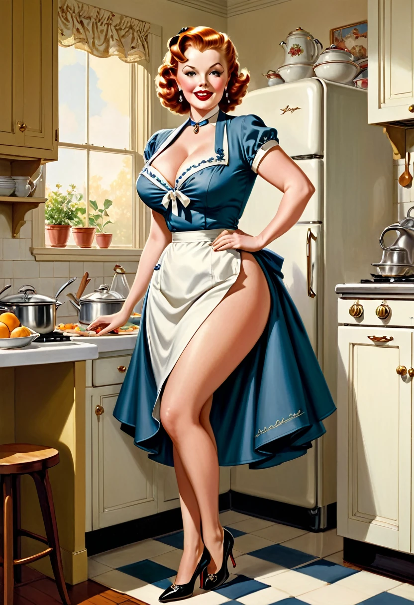 Full-length view, the busty Arlene Dahl, depicted as a buxom, curvy, plump mature lady with a pronounced hourglass figure, dressed in a housewife's attire with white strap apron stands on high heels in a kitchen preparing food, coloured drawing, inspired by the illustrations of Punch magazine around 1900, with influences of Victorian fashion and a style reminiscent of Gil Elvgren and Art Frahm, with intricate fashion details, incorporating the golden ratio, with dramatic lighting, ultra-fine, digital painting