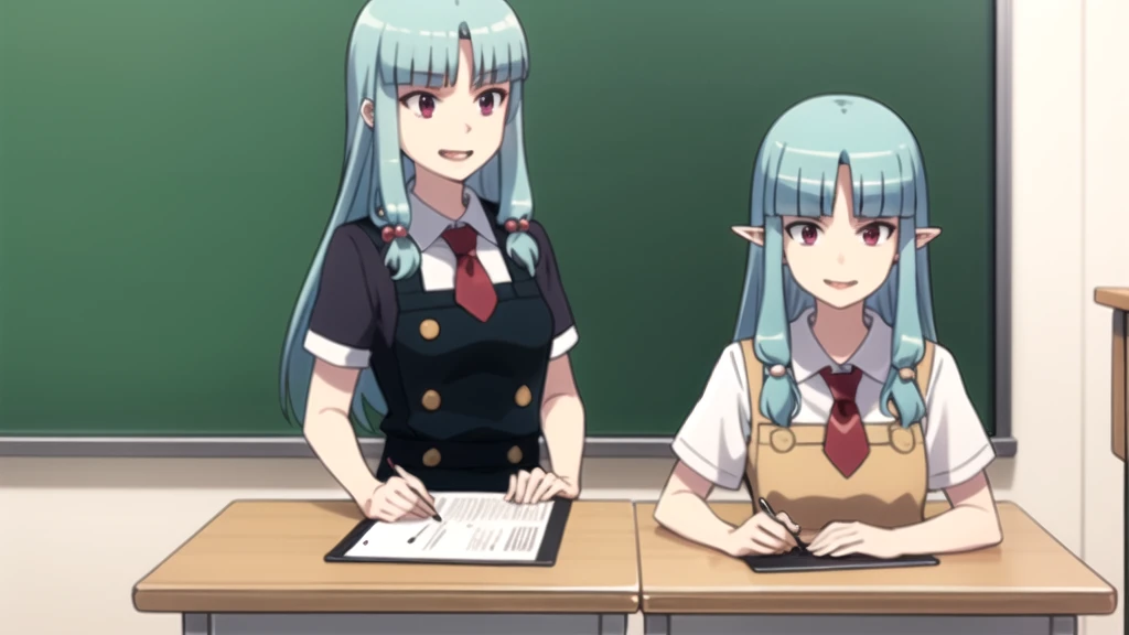 Highest quality, masterpiece, detailed,
Grisha,
One girl, Open your mouth, tooth, smile,
Aqua Hair, Red eyes, Long Hair, Hair Beads, Blunt bangs, Parted bangs, Pointed Ears,
GrishaSchoolUniform, , Apron dress, Red tie, White shirt, Short sleeve,
Arms crossed, View your viewers,
indoor, classroom, blackboard