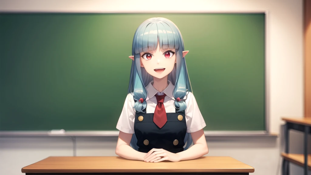 Highest quality, masterpiece, detailed,
Grisha,
One girl, Open your mouth, tooth, smile,
Aqua Hair, Red eyes, Long Hair, Hair Beads, Blunt bangs, Parted bangs, Pointed Ears,
GrishaSchoolUniform, , Apron dress, Red tie, White shirt, Short sleeve,
Arms crossed, View your viewers, 
indoor, classroom, blackboard