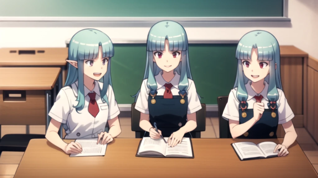 Highest quality, masterpiece, detailed,
Grisha,
One girl, Open your mouth, tooth, smile,
Aqua Hair, Red eyes, Long Hair, Hair Beads, Blunt bangs, Parted bangs, Pointed Ears,
GrishaSchoolUniform, , Apron dress, Red tie, White shirt, Short sleeve,
Arms crossed, View your viewers, 
indoor, classroom, blackboard