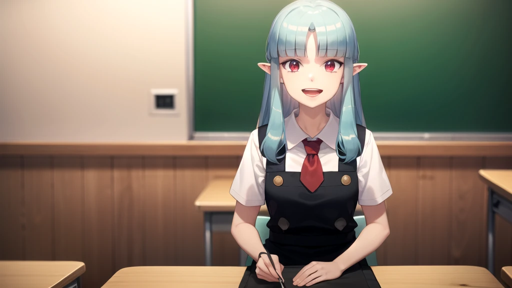 Highest quality, masterpiece, detailed,
Grisha,
One girl, Open your mouth, tooth, smile,
Aqua Hair, Red eyes, Long Hair, Hair Beads, Blunt bangs, Parted bangs, Pointed Ears,
GrishaSchoolUniform, , Apron dress, Red tie, White shirt, Short sleeve,
Arms crossed, View your viewers, 
indoor, classroom, blackboard