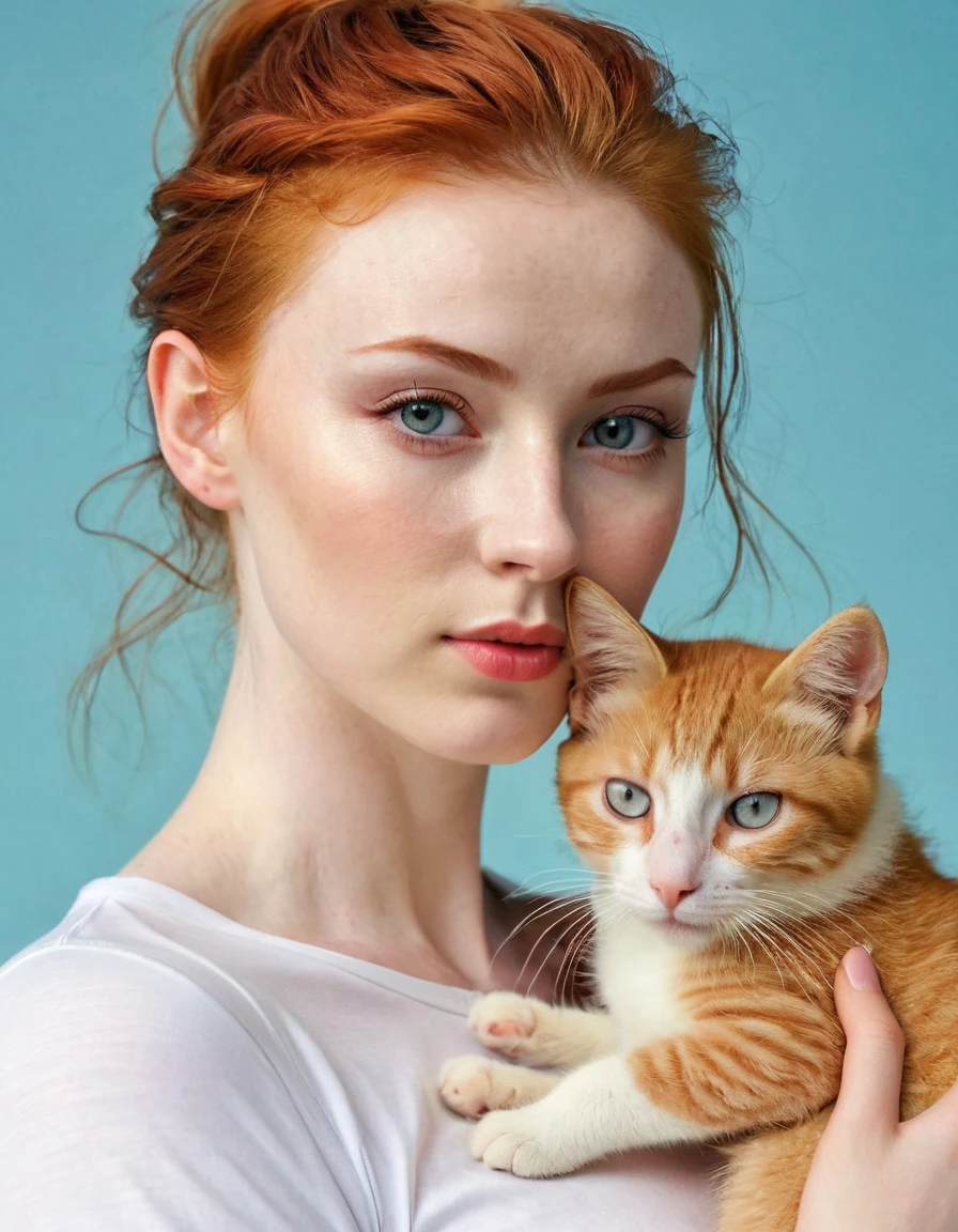 Photography full body of a very beautiful realistic girl, with a cat in her arms, porcelain skin, very light skin, very pale skin, redhead, wavy, pony tail, Detail of skin structure, hazel eyes, Slit eyes, small-nose, small nostril, think of arched eyebrows, thick lower lip, happy face, unique face, foto realista, Masterpiece Image, sharp image, Wear shorts and a t-shirt, day lights