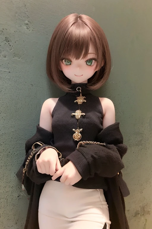 photorealistic, realistic photo, ((highest quality)), ((masterpiece)), extremely detailed, kukolnydom, doll, (woman, 20yo, 20 years old:1.6), solo, ((cowboy shot, leaning on wall)), (skinny, slender, slim), green eyes, brown hair, (looking at another, little smile, blank eyes, empty eyes, detailed eyes:1.3), dress, castle, 8k