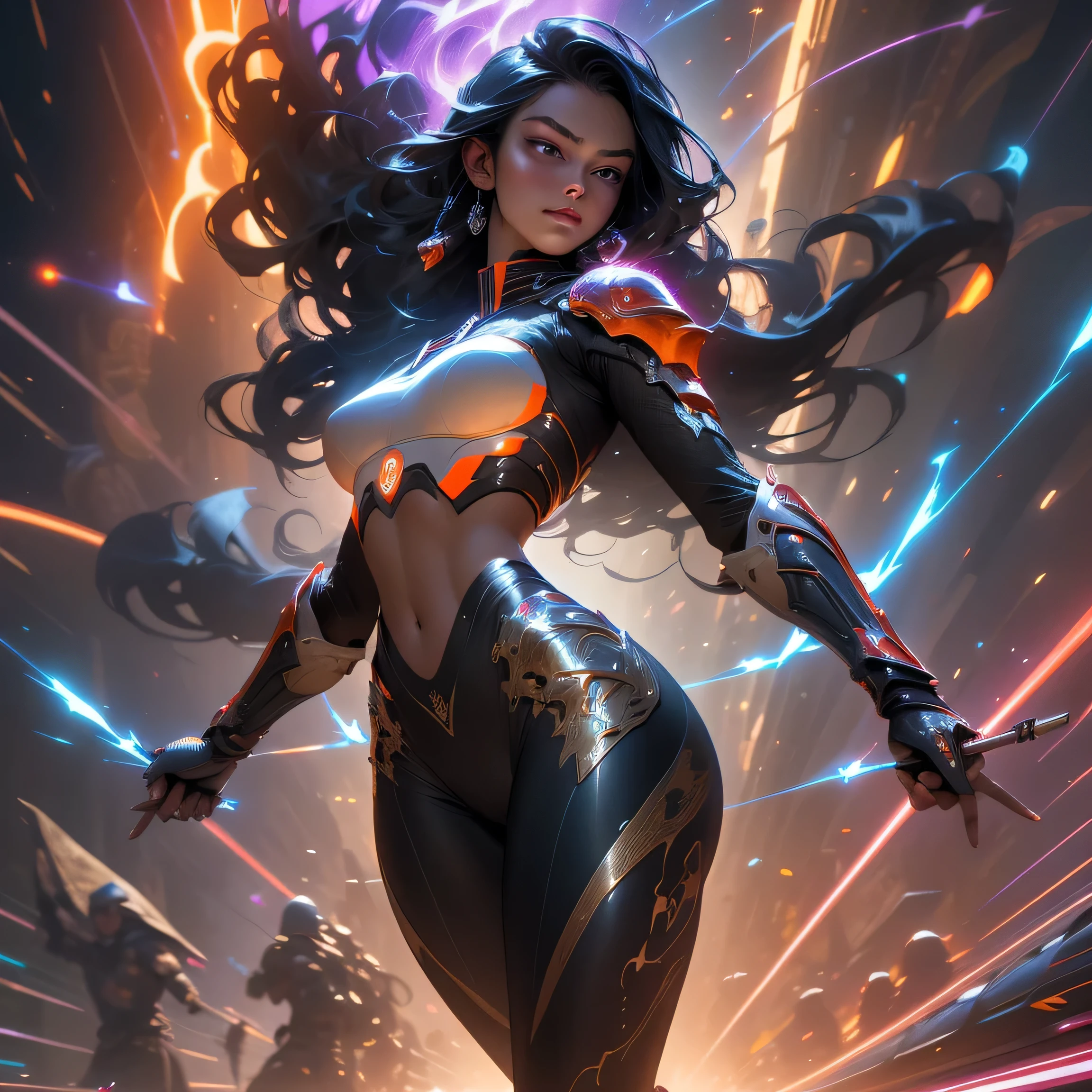 1girl, solo, masterpiece, best quality, 8k, detailed skin texture, detailed polished metal textures, light reflections off of metal surfaces, highly-detailed eyes, extremely detailed face, intricately detailed (silver and black) hair, (ultra-detailed supermodel face):1.4, beautifully detailed body, insanely detailed background, bold colors, A stunningly beautiful, extremely fit girl, with a long braided ponytail, (wearing futuristic:1.3, Samurai armor):1.34 is (holding a Katana sword in one hand):1.5. and (a long dagger in the other hand):1.5, (((bright red and orange tracers are flying past her))):1.5 (((light trails follow the swords that are swung at high velocity))):1.33, (resembling glowing speed lines):1.4. (She has large bright blue eyes):1.4, (a button nose, perfectly shaped lips):1.2, (a flawless face):1.33 and (the body of a fitness model):1.25, (maximum detail):1.4. (She has a lean waist, an extremely toned midriff, slender thighs, slim calves, and flawless large breasts):1.42, (there are laser bolts and explosions all around her):1.4, and the scene is very (chaotic:1.3), (((detailed line work and delicate, flowing brushstrokes))), giving the art a dreamlike and ethereal quality, the art style is heavily influenced by futuristic Anime Films, Concept Art, Surrealism and Art Nouveau with intricate patterns and decorative details):1.2, (motifs from nature such as wolves, lightning, and dragons):1.3. (featuring vivid shades of red, blue, green, and purple, also using silver and gold metallic accents):1.4 (cinematic movie still, masterpiece, best quality, absurd resolution, 8k, Monte Carlo Ray Tracing:1.2, path traced subsurface scattering):1.4, (((HDR, UHD, volumetric lighting, Unreal Engine 5, Unity Engine, Blender, octane render))), (exquisite subject composition and use of lighting:1.4, exceptional, award-winning shading:1.4, sharp focus:1.35, top angle, full body shot, photorealistic, natural beauty):1.4, 8K, Absurdres