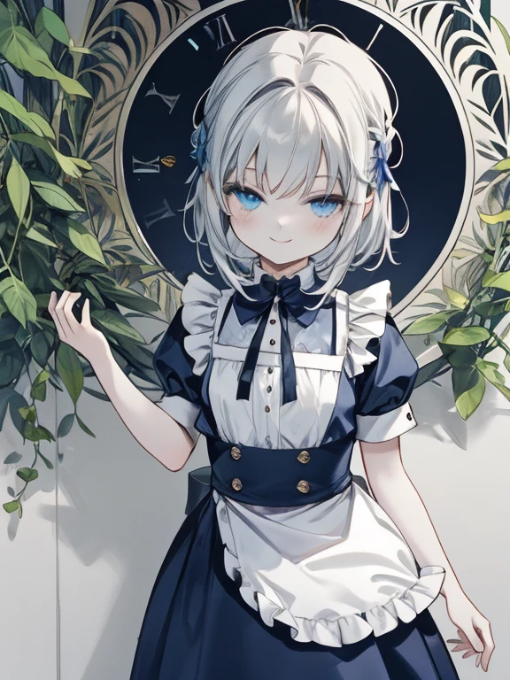 masterpiece, Highest quality, Very detailed, 16K, Ultra-high resolution, Cowboy Shot, Alice in Wonderland, (art nouveau:1.4), 10-year-old girl, Detailed face, (smile:1.5), blue eyes, Silver Hair, Braiding, Shortcuts, Side Tail, Ribbon on head, Blue clothes, Plain white apron, 大きなclockのある部屋で, clock, 壁clock, Music Box