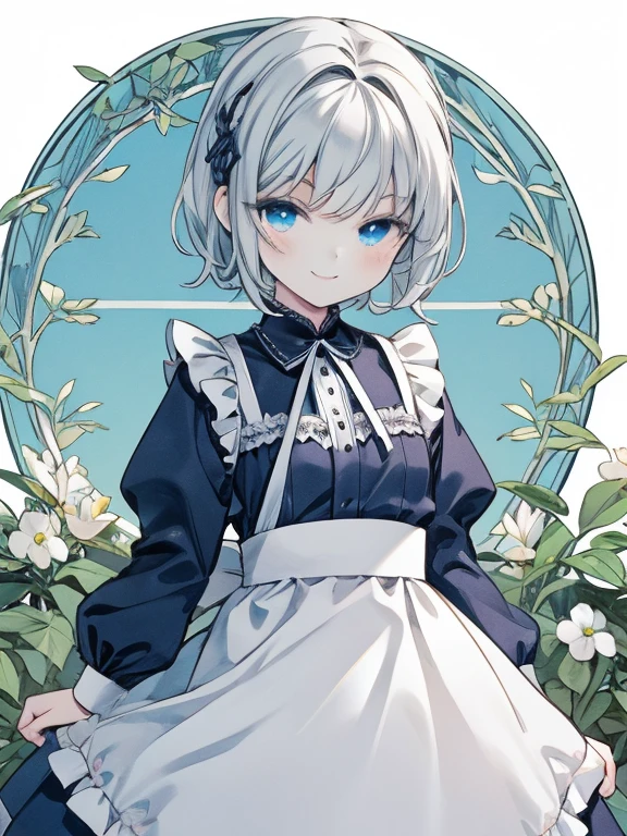 masterpiece, Highest quality, Very detailed, 16K, Ultra-high resolution, Cowboy Shot, Alice in Wonderland, (art nouveau:1.4), 10-year-old girl, Detailed face, (smile:1.5), blue eyes, Silver Hair, Braiding, Shortcuts, Side Tail, Ribbon on head, Blue clothes, Plain white apron, 大きなclockのある部屋で, clock, 壁clock, Music Box