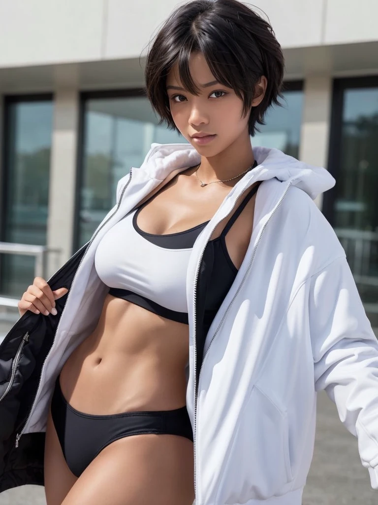 Black woman, Short hair, , big breasts, muscular body, black sports bra, black Thong, White fur jacket