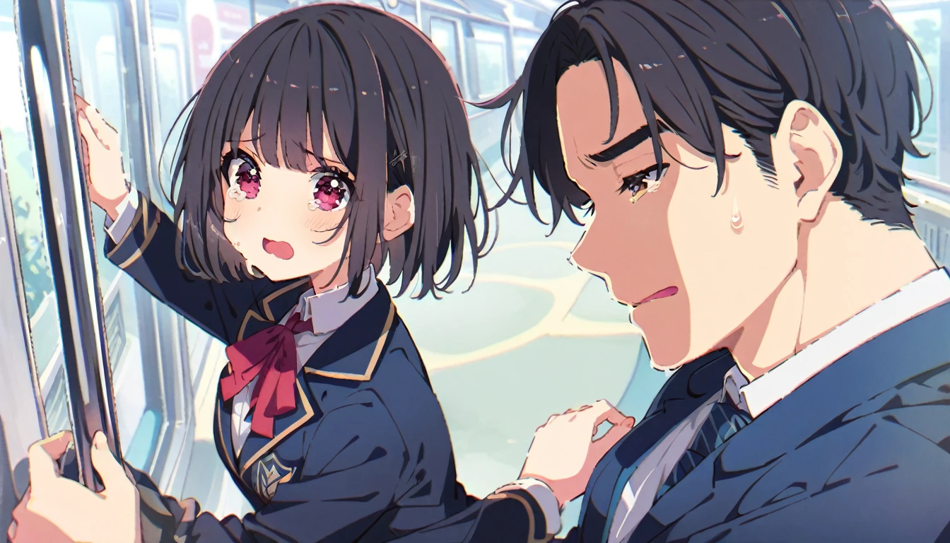 A middle-aged molester is groping the breasts of a crying girl with short black hair and small breasts, wearing a blazer and uniform, who is standing upright on the train.