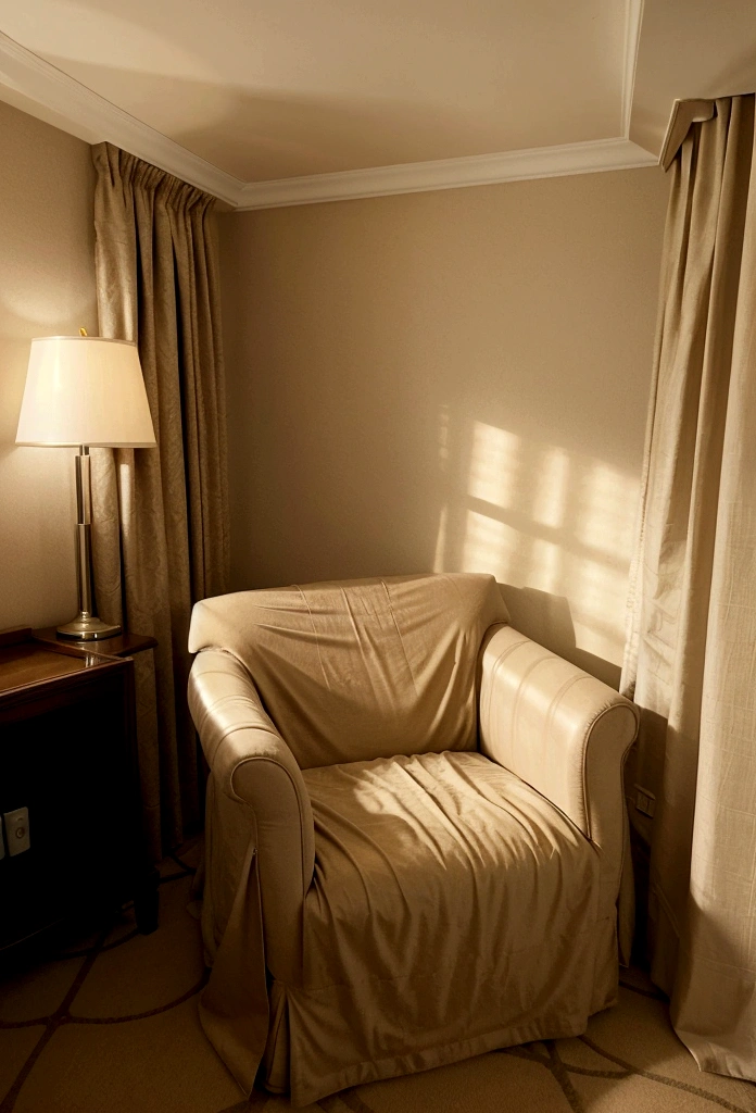 hotel room, armchair with beige trench coat over it. well-lit room.