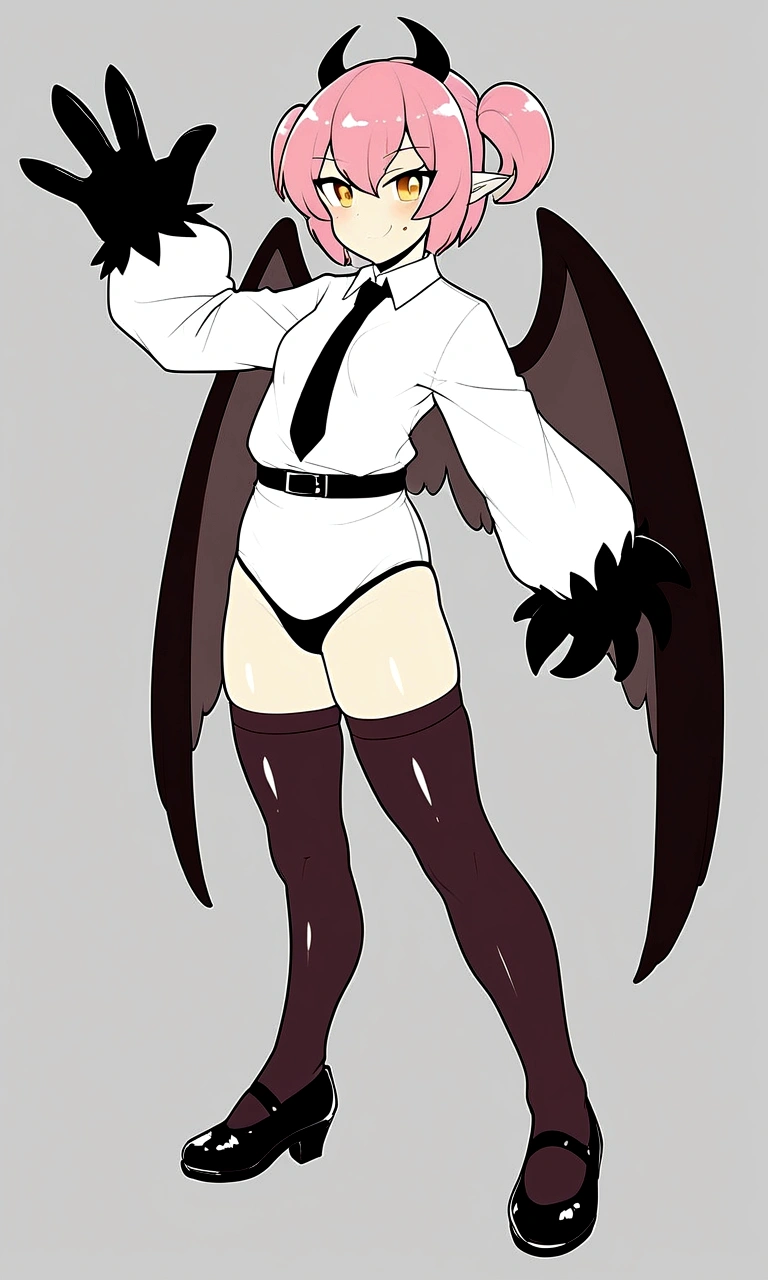 (detailded), (((bat girl))), (((murcielago))), big ass, grey skinned, black wavy hair, ((mini-skirt)), (((Pussy dripping))), (((Freckles on the face))), (((office worker suit)))