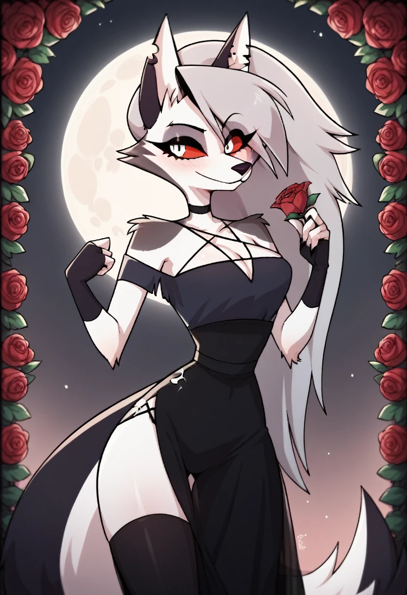 score_9, score_8_up, BREAK, source_anime, (1girl, solo), uncensored, perfect body, slim, thigh highs, fingerless gloves,
anthro, furry, pose, cleavage, blush, smirk, rose garden, full moon, sexy pose, sexy black gown
Loona \(Helluva Boss\), 