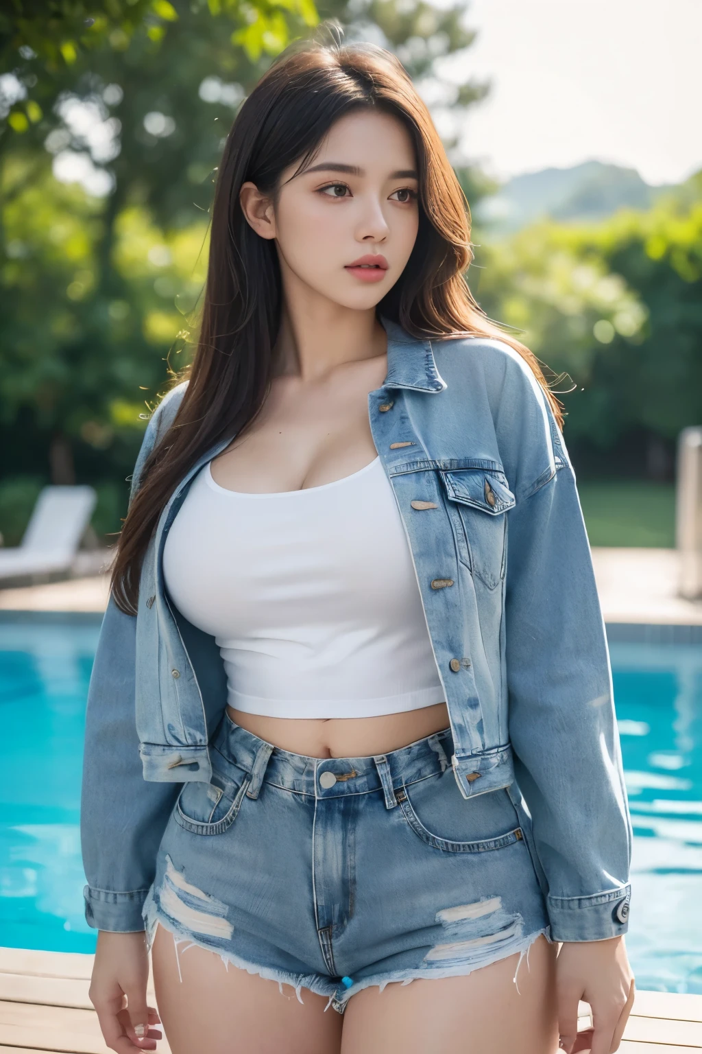 a beautiful woman, denim jacket, crop white tees, denim shorts, dynamic pose, with a plump body, and high thighs, standing by a swimming pool, (best quality,4k,8k,highres,masterpiece:1.2),ultra-detailed,(realistic,photorealistic,photo-realistic:1.37),portrait,studio lighting,bokeh,vivid colors