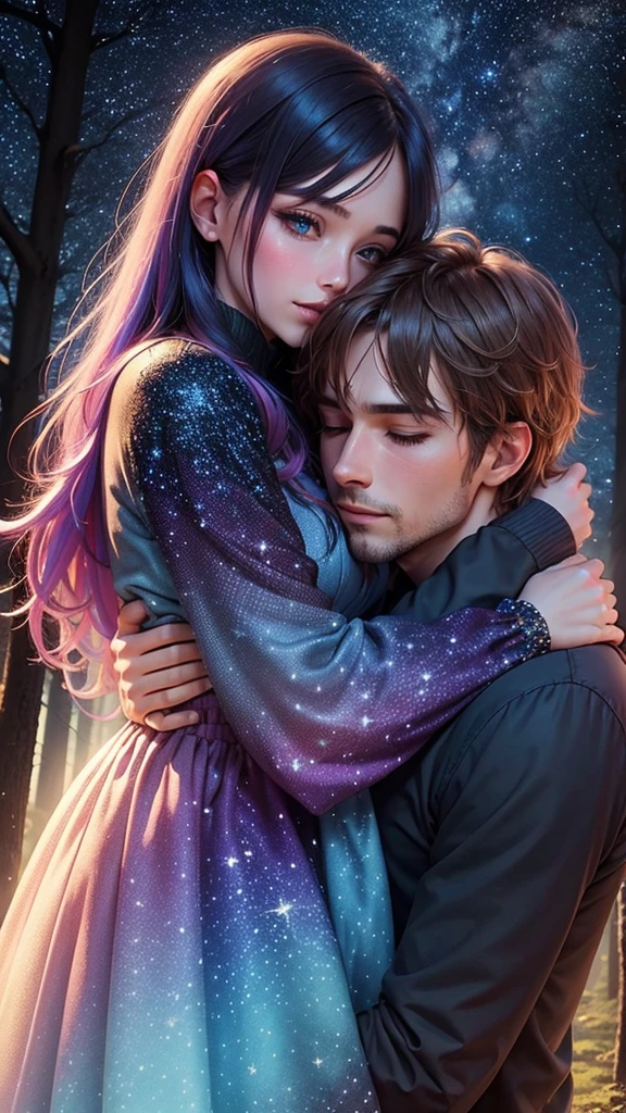 colorful forest, Sky with Stars,Glitter, a man and a Woman hugging