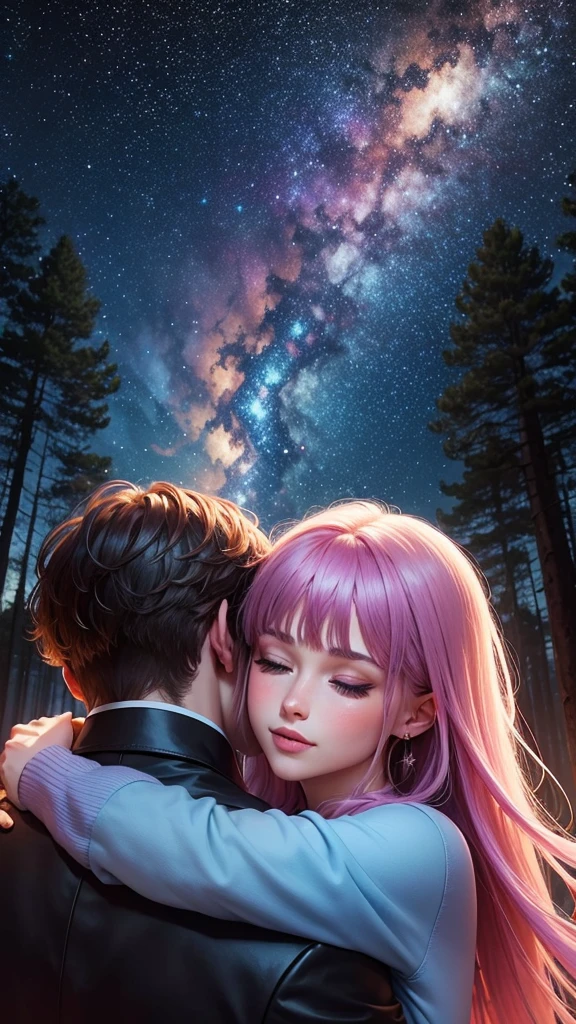 colorful forest, Sky with Stars,Glitter, a man and a Woman hugging