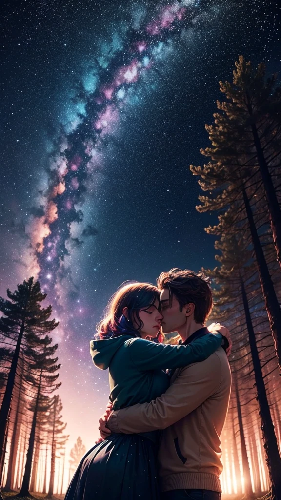 colorful forest, Sky with Stars,Glitter, a man and a Woman hugging