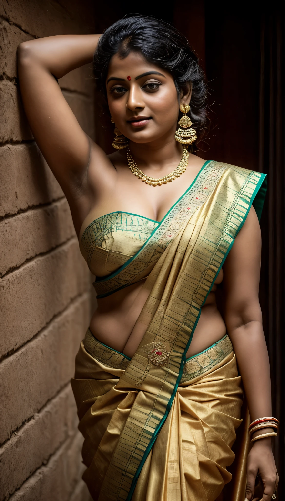 An Extremely gorgeous and beautiful Bengali village woman, 45 yo, pale white skin, sensual appealing body, perfect thick and chubby Beauty, wearing saree bare-chested, curvy, sexy navel folds, fleshy figure, Bengali village style saree, wearing a Bengali-style saree without a blouse,, ethnic vintage bengali village woman, bengali style saree, The sari was worn without a blouse and petticoat before the British Raj, baring one's chest or being blouseless, simple village ornaments, Bengalis a.k.a. Bongs are known for their unique Bengali fashion sense (the way they don that sari makes you go wow), Pre British Raj, Pre colonial era, Bengali Woman draping sari without blouse is a normal thing in pre British Era, bong woman, fine Art photography, artistic photography, sensually appealing, erotic fantasy, ethnic traditional beauty, 