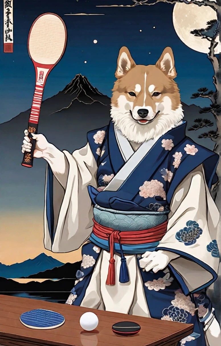 Samurii Dog King holding a table tennis racket, Dark moonlit night mountains and sea background, Sharp and gloomy classic feel, Katsushika Hokusai