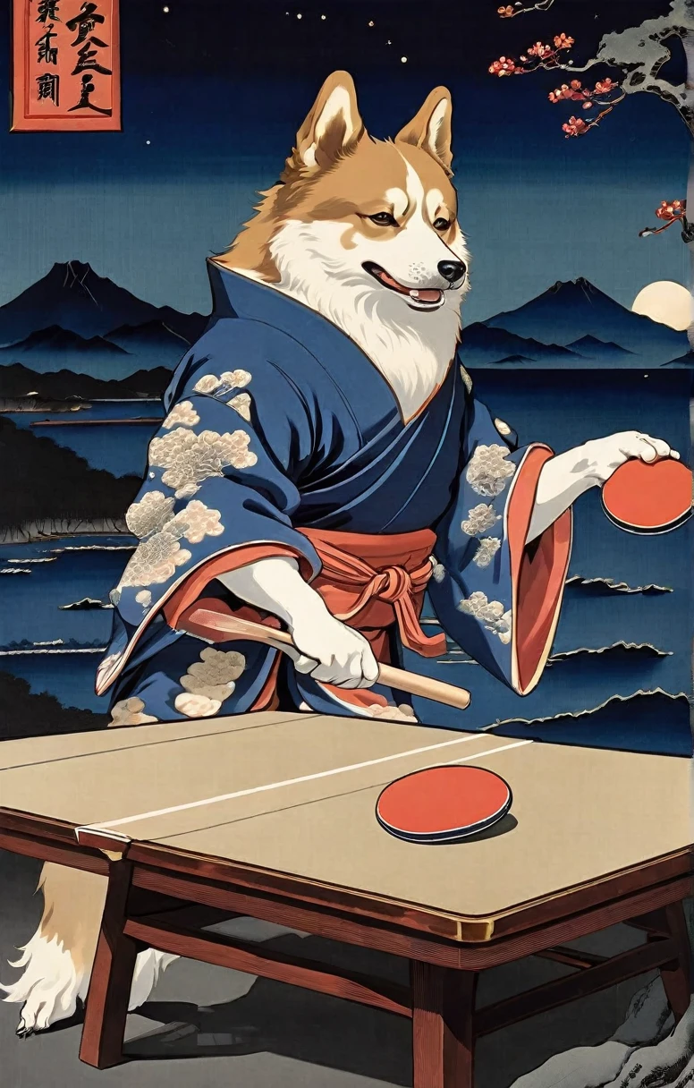 Samurii Dog King holding a table tennis racket, Dark moonlit night mountains and sea background, Sharp and gloomy classic feel, Katsushika Hokusai