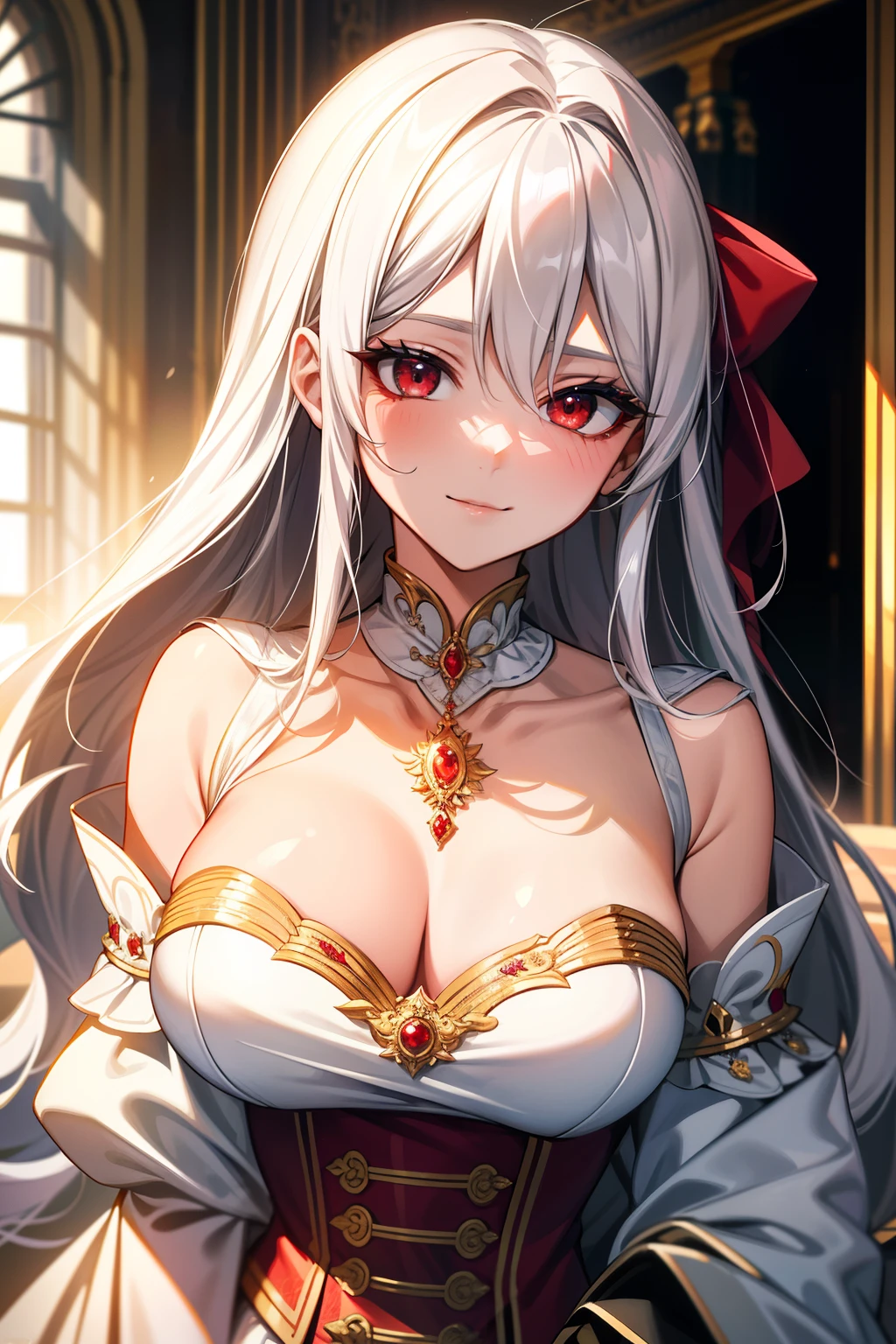 (best quality:1.1), (Masterpiece:1.2), lady, Shiny white hair, red eyes, long hair, ใบหน้าbeautiful, luxary dress, Big breasts, beautiful, collarbone, open chest, Bright face, Royal high, hall background, ริมฝีปากอมชมพู, เครื่องประดับหรูหรา ((Highest quality, Best Performance, Maximum details, Light and shadow details:1.2, 4k details))