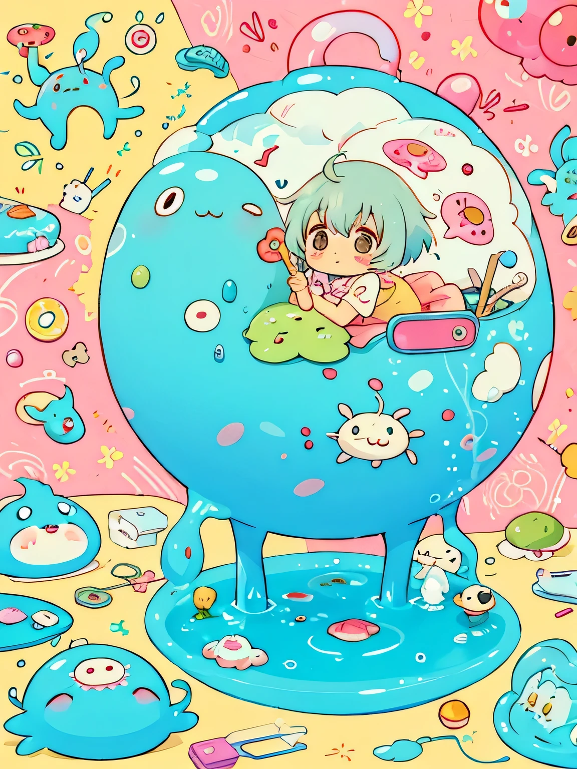 Hayao Miyazaki style、Kawaii Design, (((Cute and colorful amoeba))), dinner, hospital bed