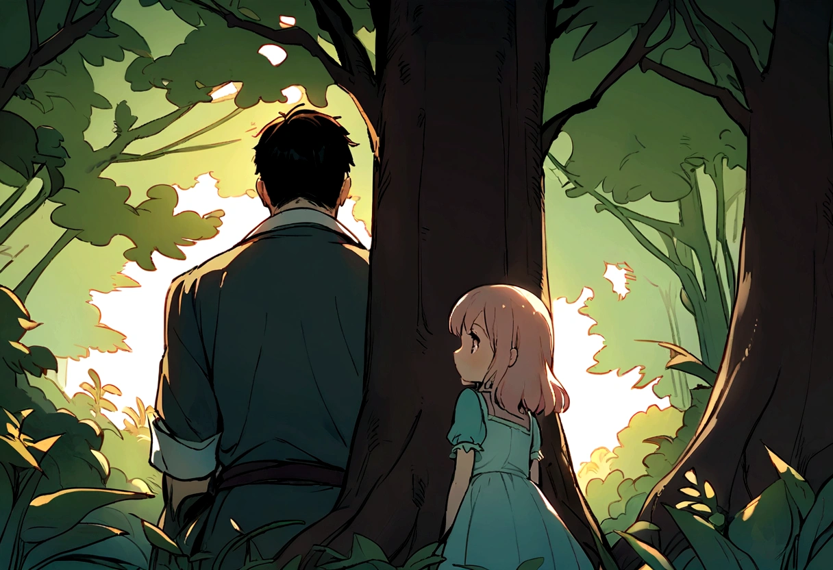 Game Cover,close up,Sunlight,A boy and a standing back to back under a tree