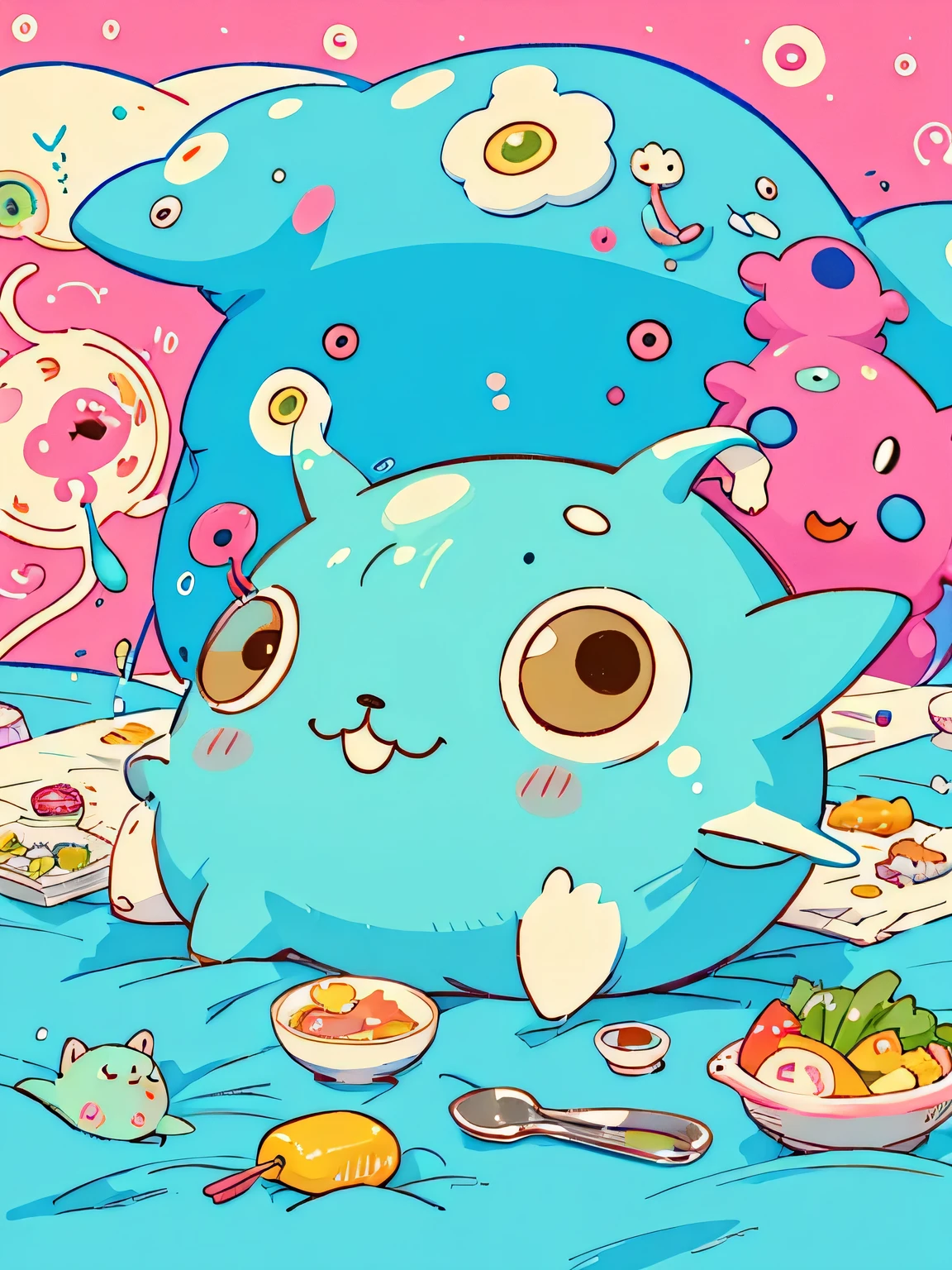 Hayao Miyazaki style、Kawaii Design, (((Cute and colorful amoeba))), dinner, hospital bed