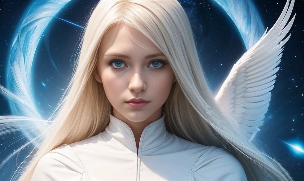 Archangel Gabriel、Blonde hair and blue eyes、Super beautiful、Beautiful white plumage、Female、The background is outer space、Protecting the Earth