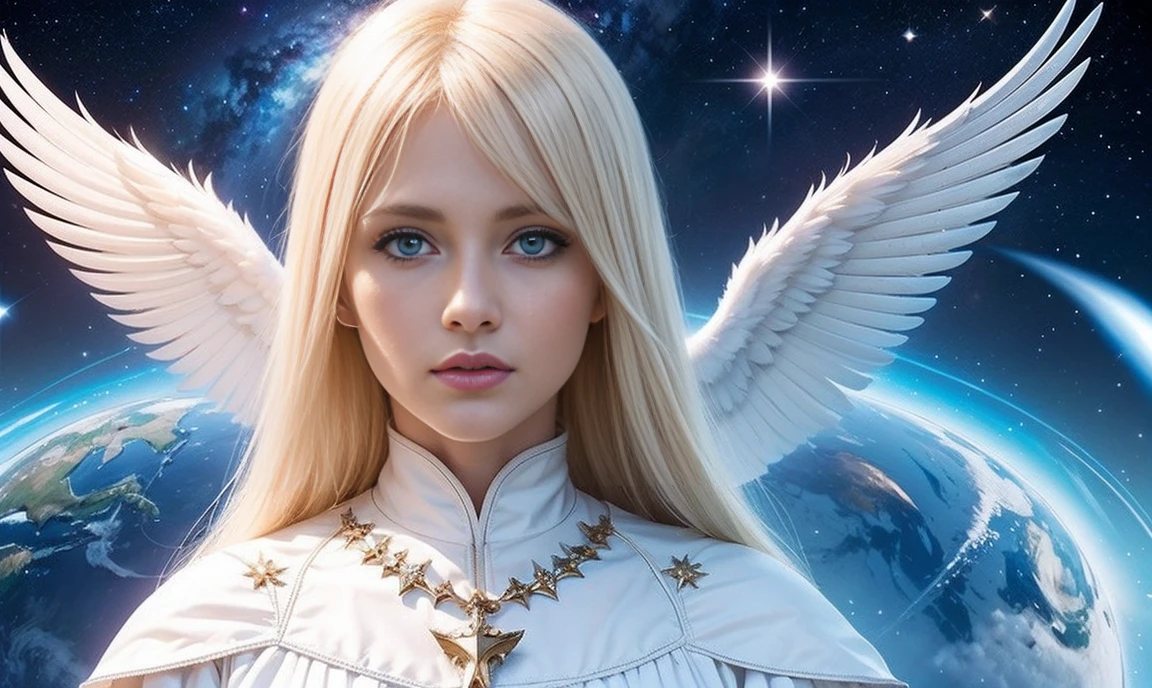Archangel Gabriel、Blonde hair and blue eyes、Super beautiful、Beautiful white plumage、Female、The background is outer space、Protecting the Earth