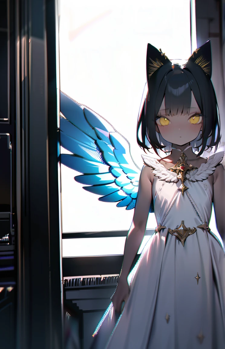 1 female、alone,medium hair、((black hair)),((yellow eyes))、cat ears,((big angel Wing)), Angel、white dress、From front、looking viewer、closed mouth,、beautiful skin、small face、highest quality、masterpiece、very detailed、malicious flow、