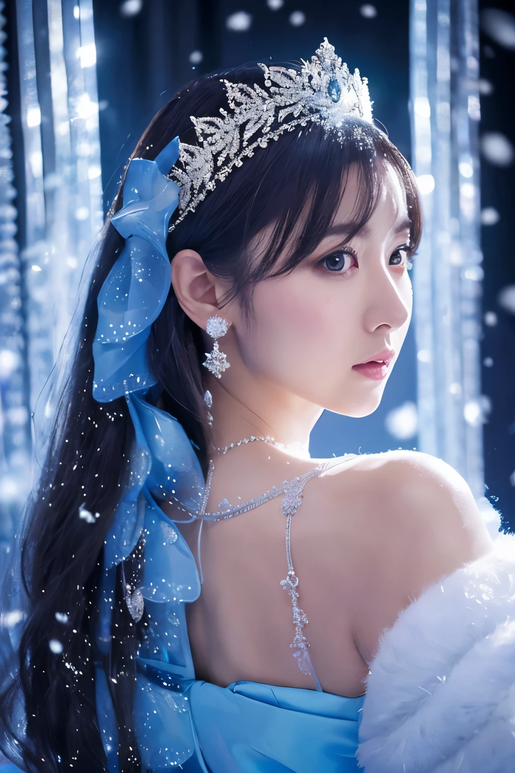 Create a high-quality, hyper-realistic photo of a snow princess inside the most luxurious palace made of intricately shining transparent ice. The scene should be in 8k resolution, featuring a detailed ice palace with elegant pillars and a beautiful ice ceiling. The composition is symmetrical, filled with fantastic light blue light and sacred, mysterious elements. The snow princess has glowing skin as white as snow, beautiful silver light blue hair, and is wearing a glittering silver-white jeweled dress of the highest quality, adorned with elegant decorations and jewelry embellishments. She is standing, and the photo captures her upper body with a blurred background of a detailed, realistic ice palace. Snow is gently falling around her, and she is surrounded by a fantastic soft light, with amazing movie lighting effects creating a magical atmosphere.