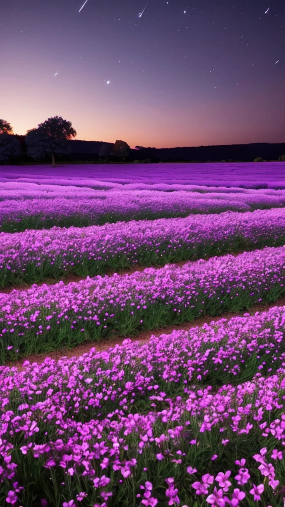 A beautiful darkish night,sky filled with stars, beautiful purple colour flower field,landscape, ultra realistic 8k quality,
